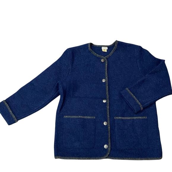 L.L. Bean Navy Blue Wool Jacket with Tan Trim - Picture 5 of 10